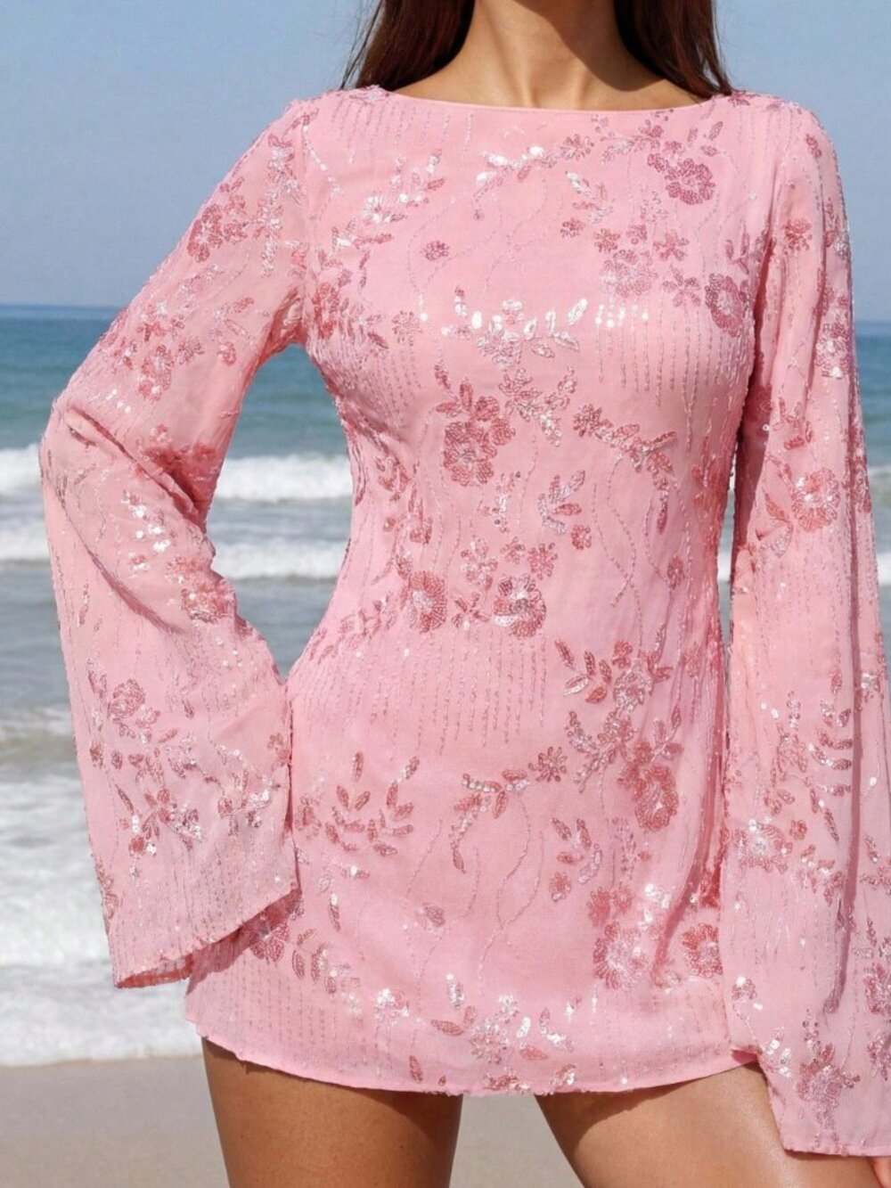 Pink Elegant Women's Chiffon Sequin Embroidered Holiday Dress